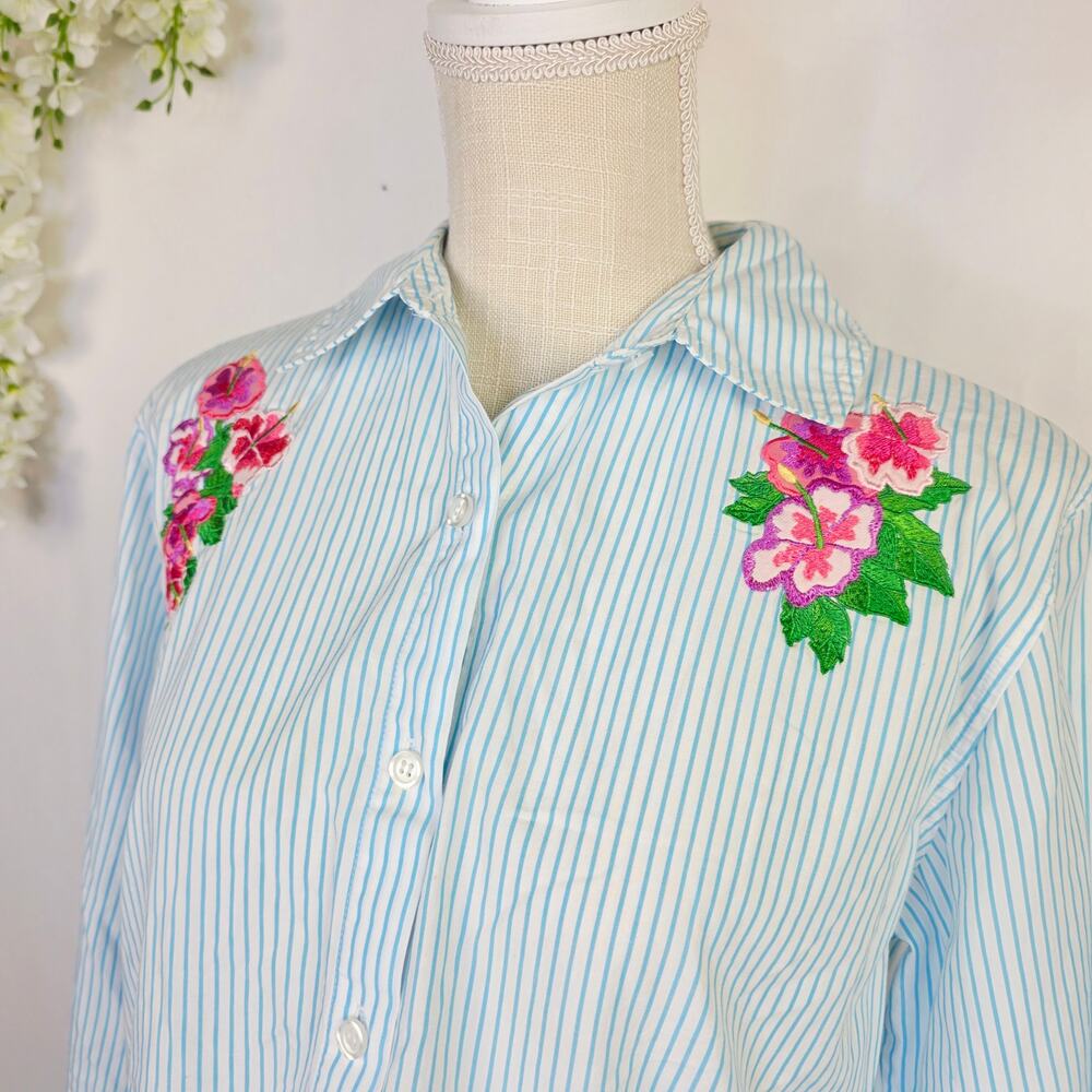 Bechamel Petite Blouse Button Up Medium Blue Stripe Flamingo Embroidery Tropical - Picture 6 of 11